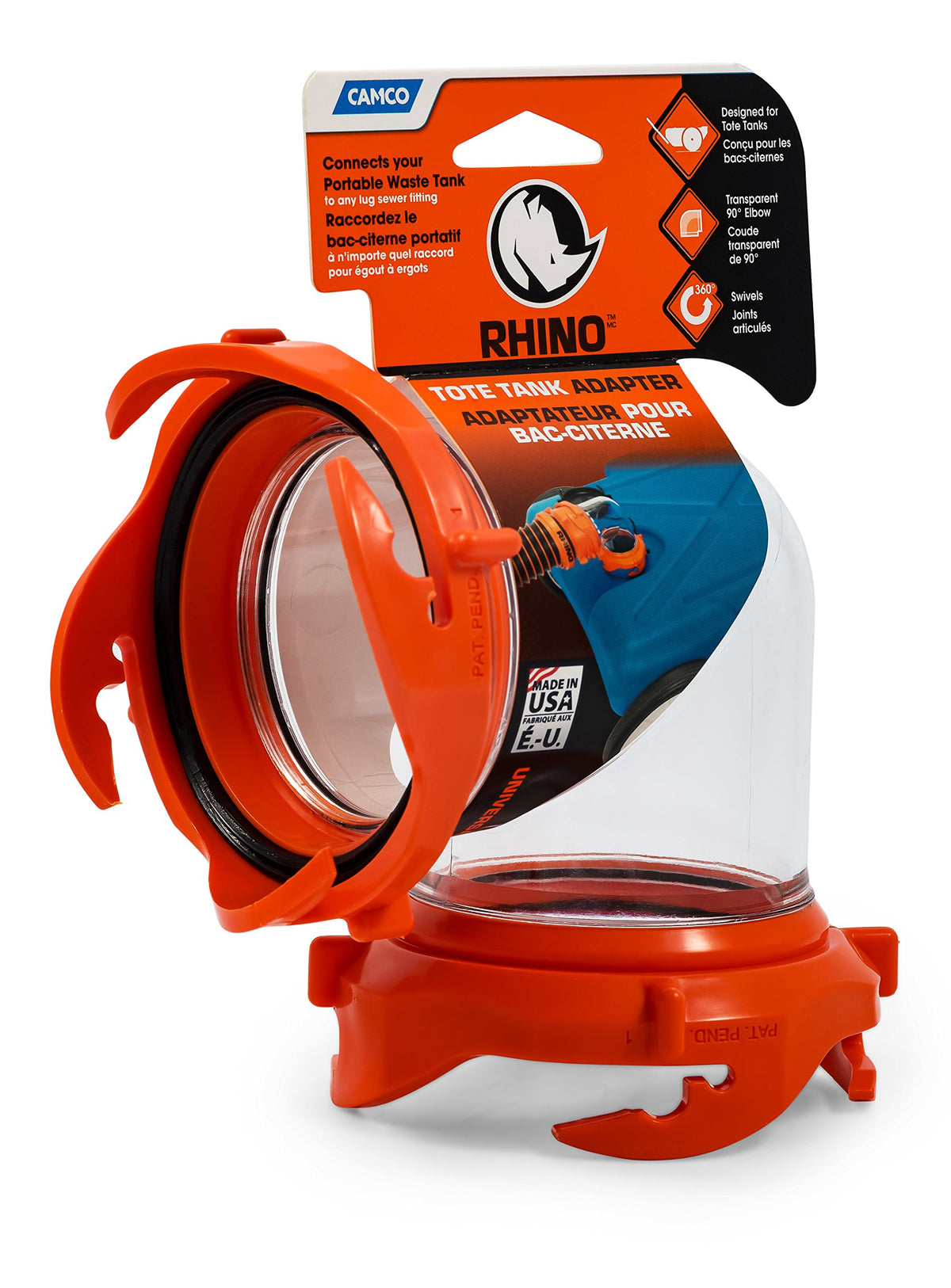 Camco Rhino size comparison with hose showing low-profile compact fit