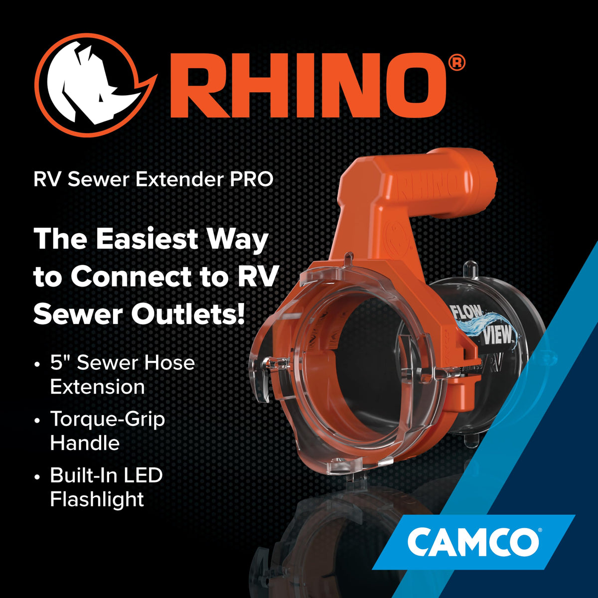 Camco extender next to standard hose to show 5-inch added reach benefit