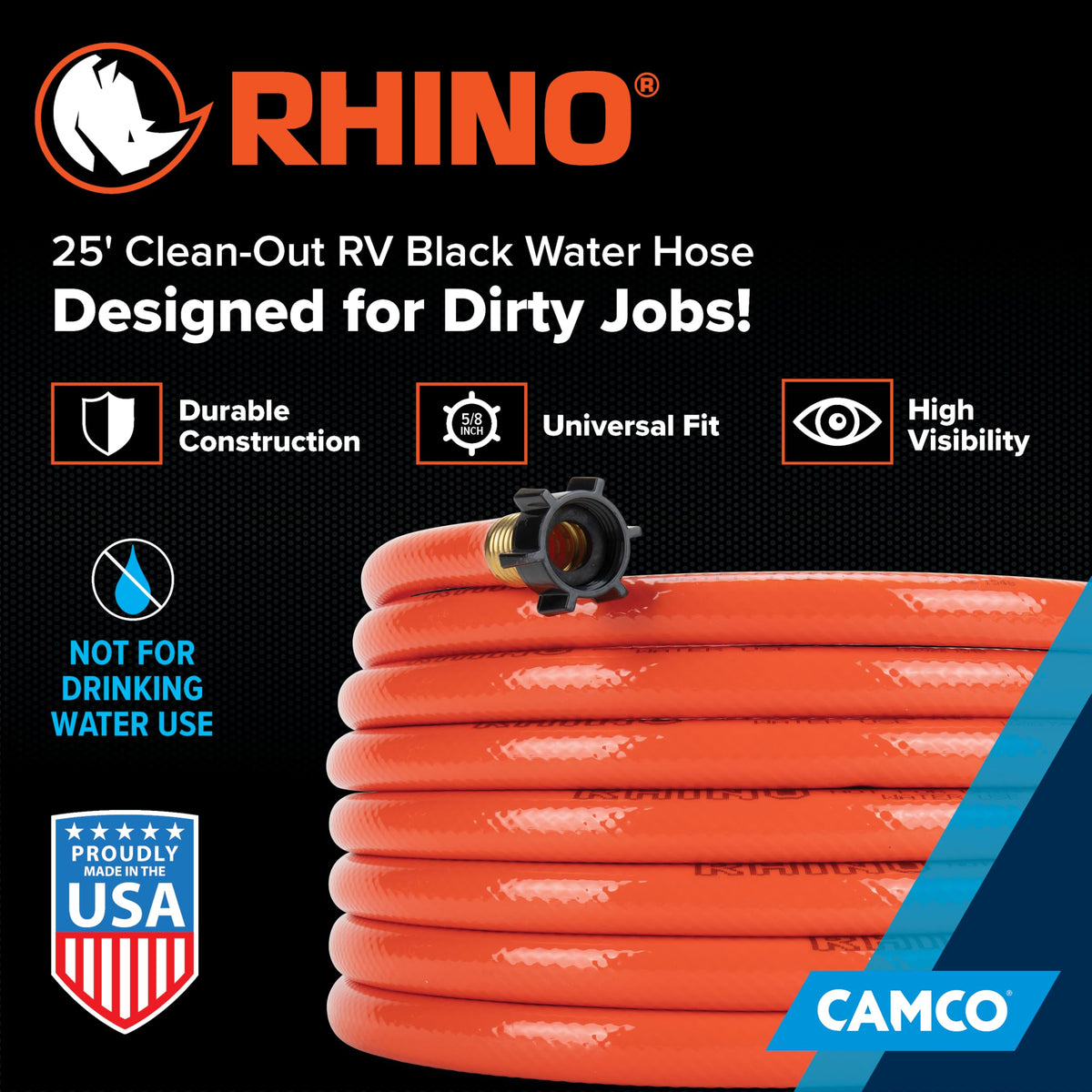 Camco Rhino threaded end close-up showing secure connection and leak-prevention benefit