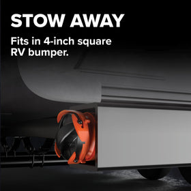 Camco RhinoEXTREME compressed inside RV bumper demonstrating compact storage advantage