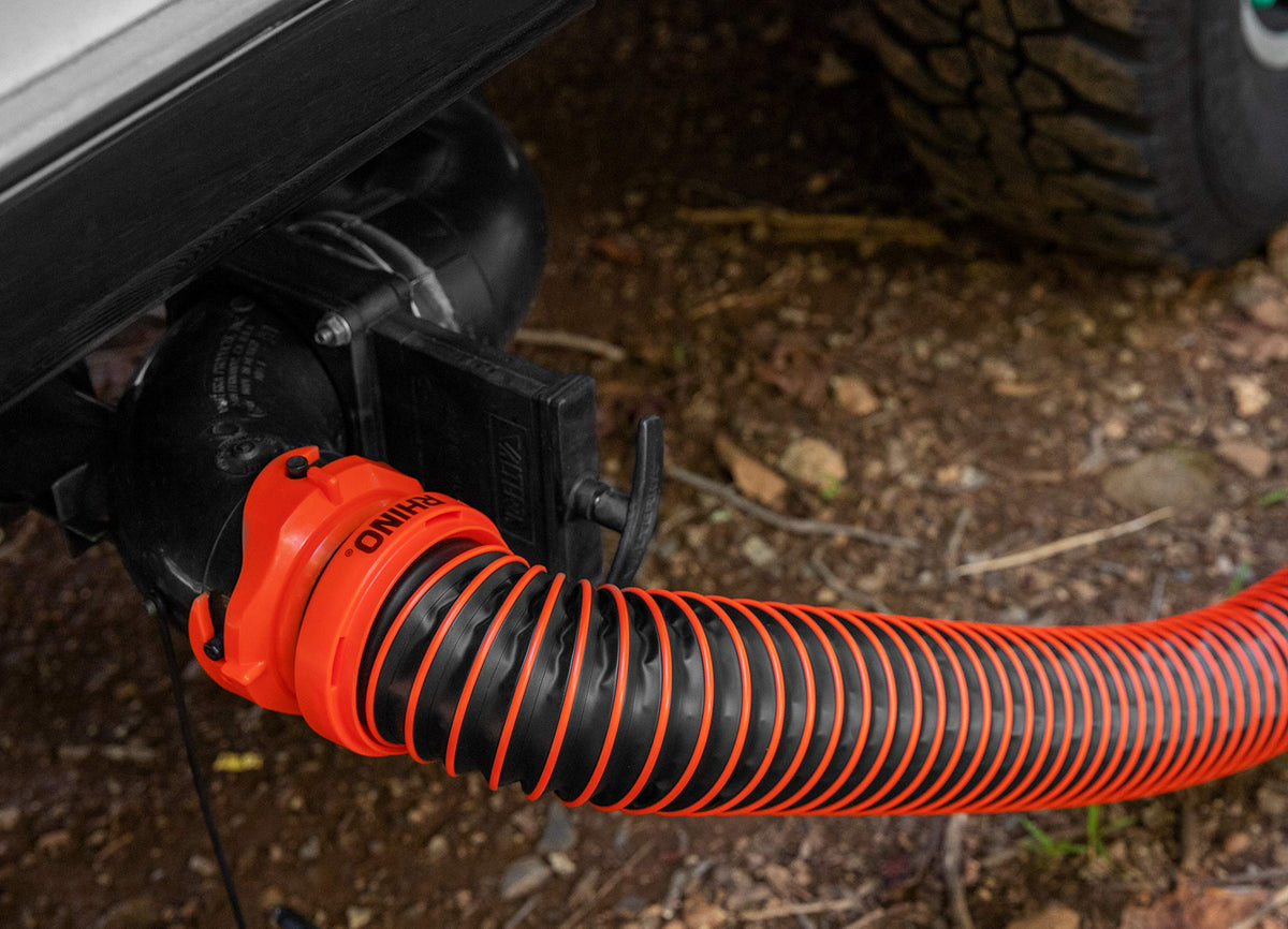 Camco RhinoEXTREME close-up of swivel fittings for secure quick connections