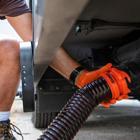 Camco RhinoFLEX accessories and caps laid out for neat storage and contamination protection