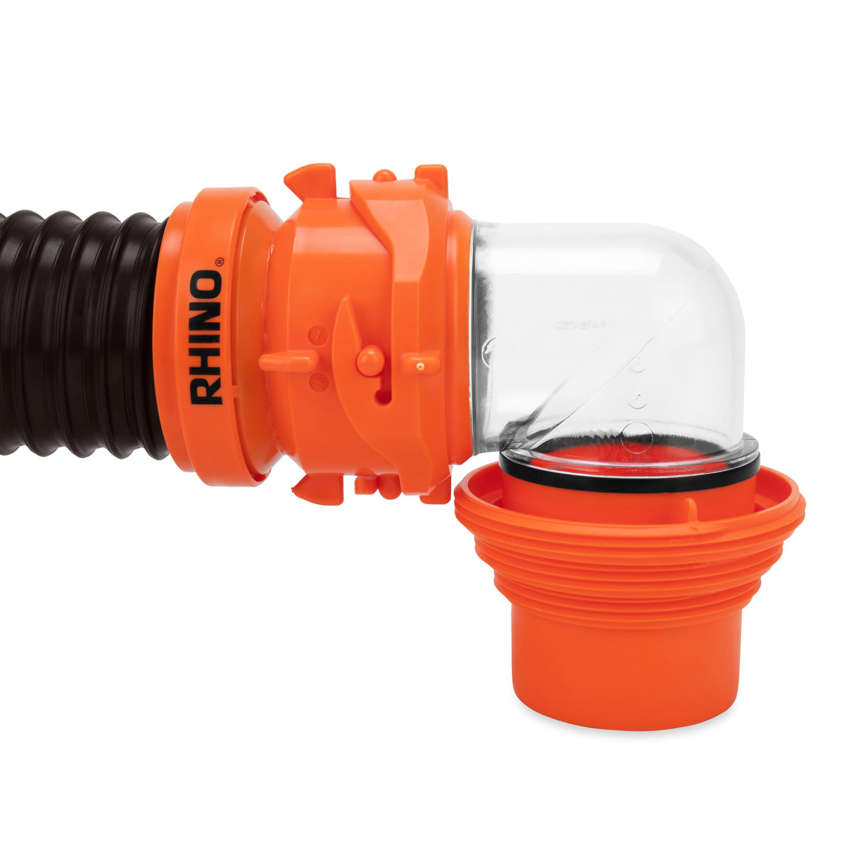 Camco hose connected to portable tote tank for faster draining