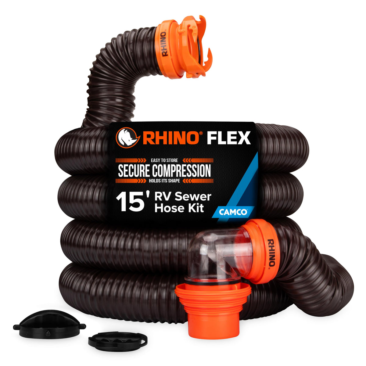 Camco RhinoFLEX front packaging showing complete sewer hose kit and benefit of ready-to-use convenience
