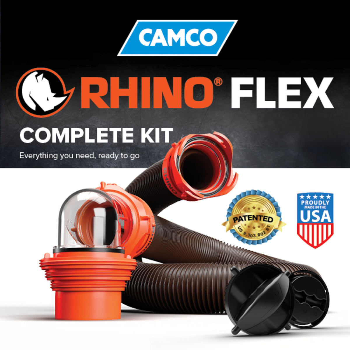 Camco RhinoFLEX in use at a dump station connected to adapter showing secure fit across pipe sizes