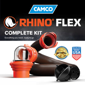Camco RhinoFLEX in use at a dump station connected to adapter showing secure fit across pipe sizes