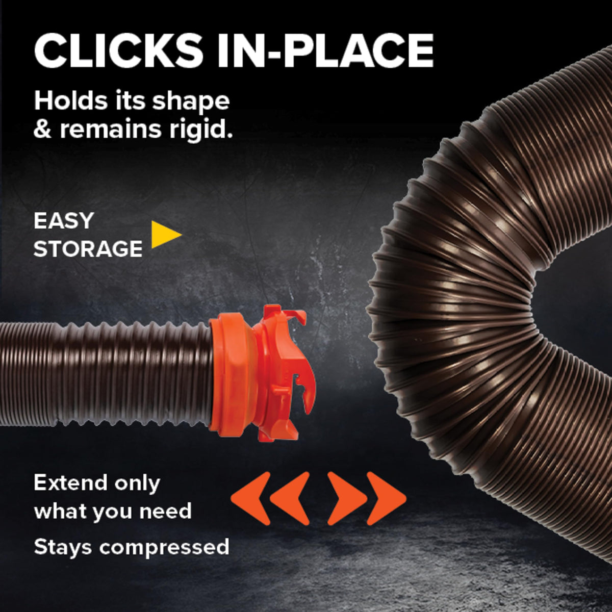 Camco RhinoFLEX swivel fittings detail showing 360-degree rotation for easy, stress-free connections