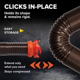 Camco RhinoFLEX swivel fittings detail showing 360-degree rotation for easy, stress-free connections