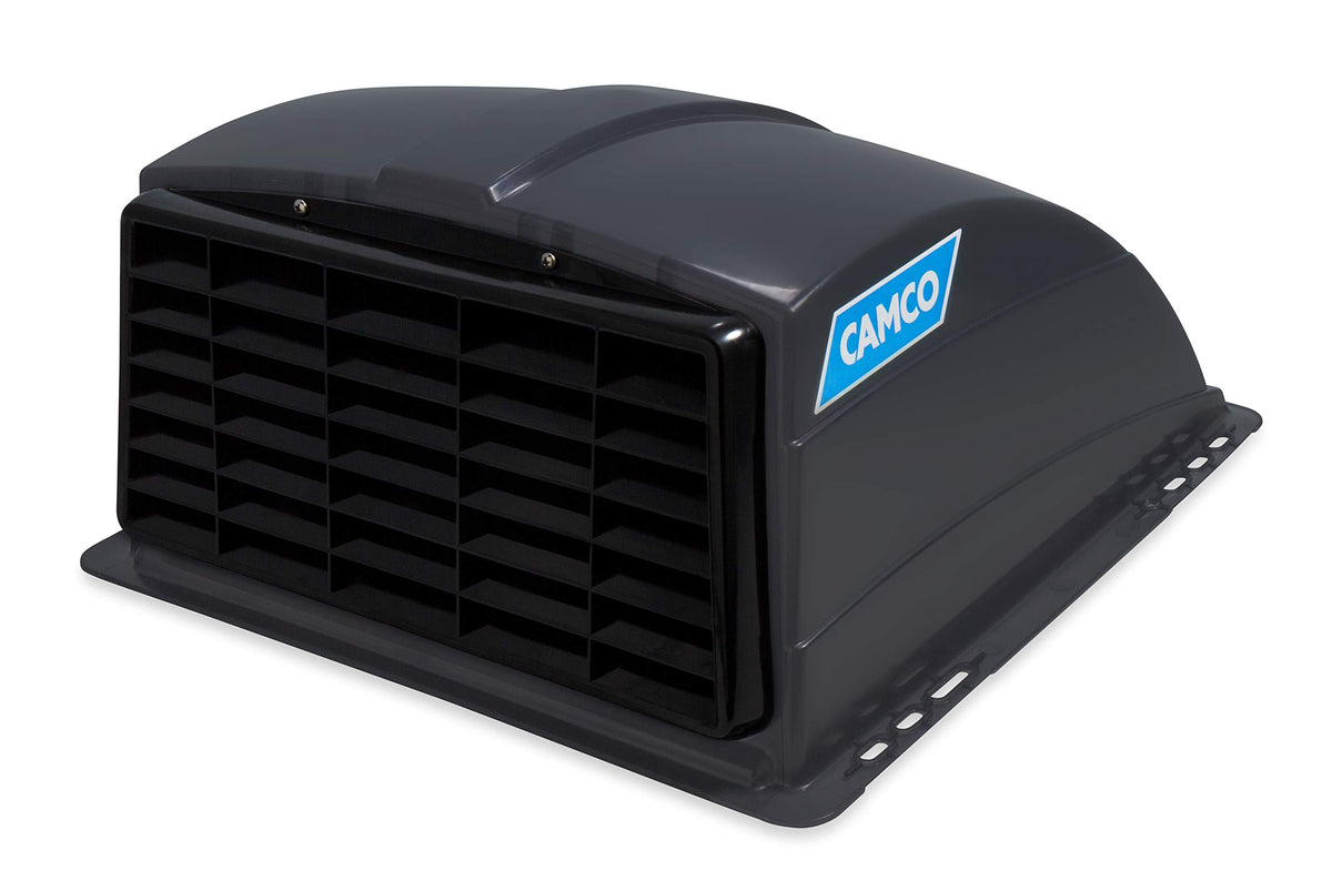 Camco roof vent cover front view showing smoke finish and aerodynamic benefit