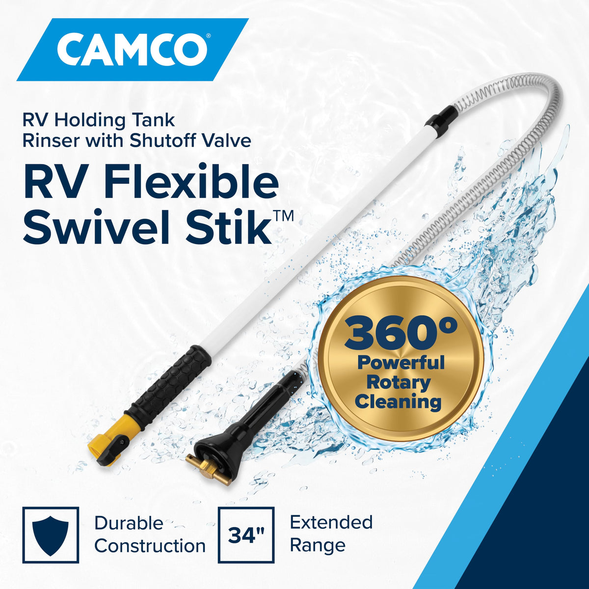 Camco close-up rotary nozzle showing jet action for superior cleaning