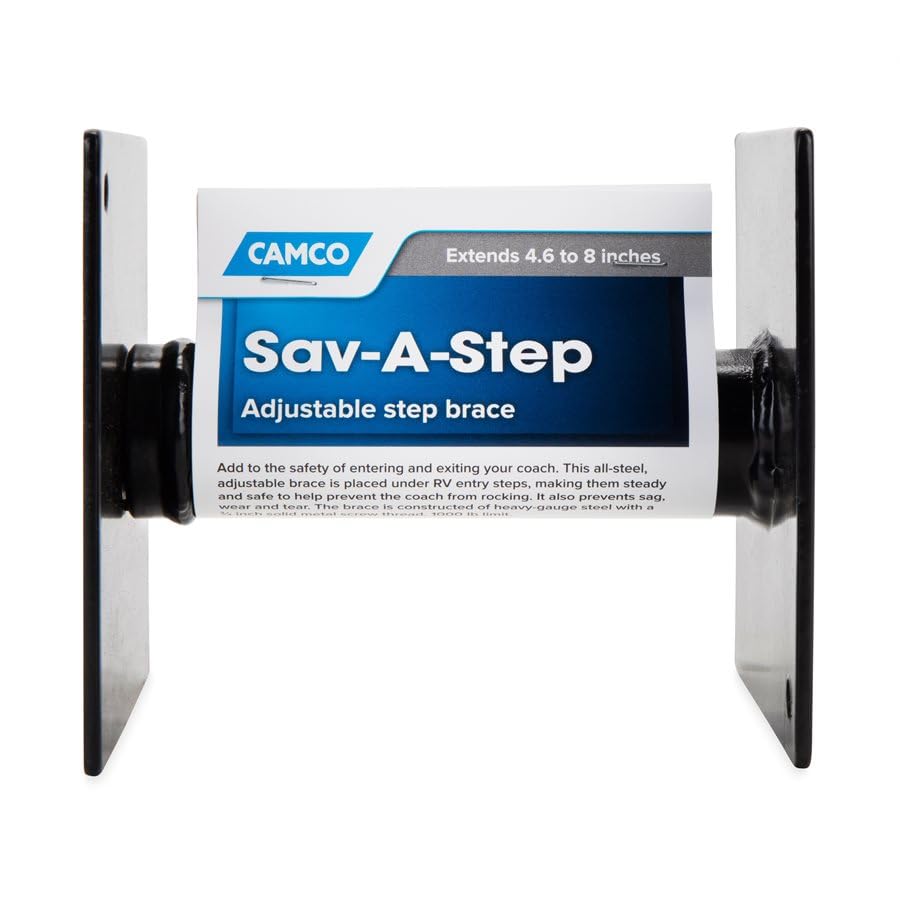 Camco step brace in campsite setting enabling safer entry and exit