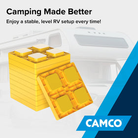 Camco block beside a coin for scale showing 8.5 inch footprint for wide load distribution