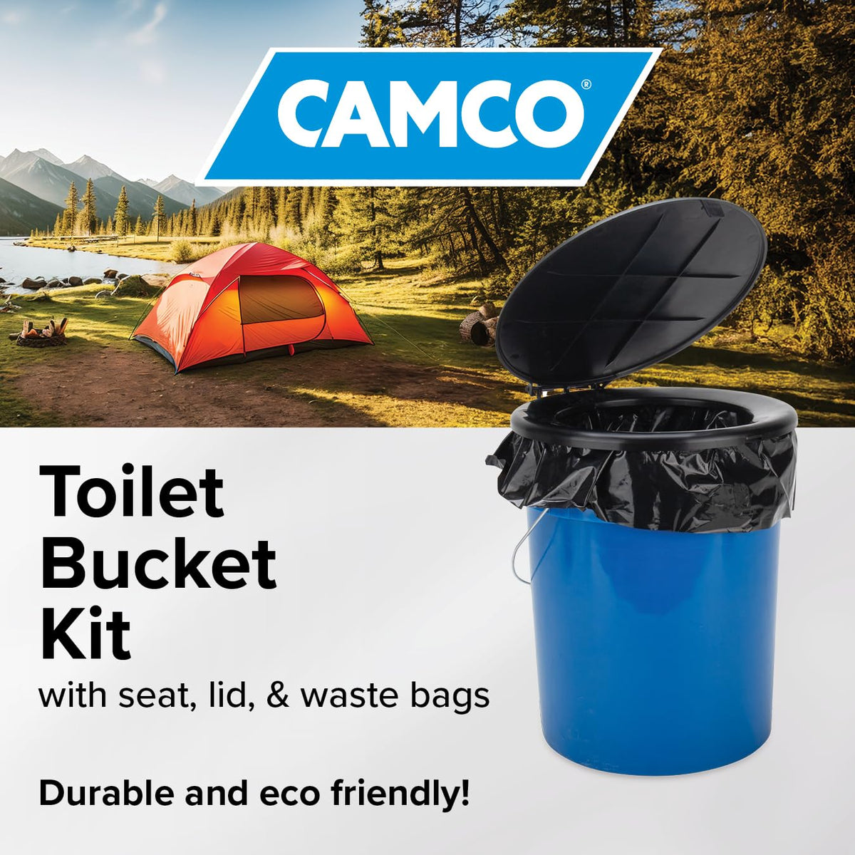 Camco close-up of seat and lid snapping securely for hygienic use