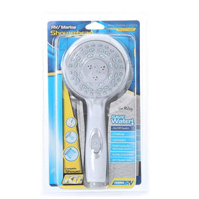 Camco handheld shower in an RV bathroom demonstrating on/off switch convenience