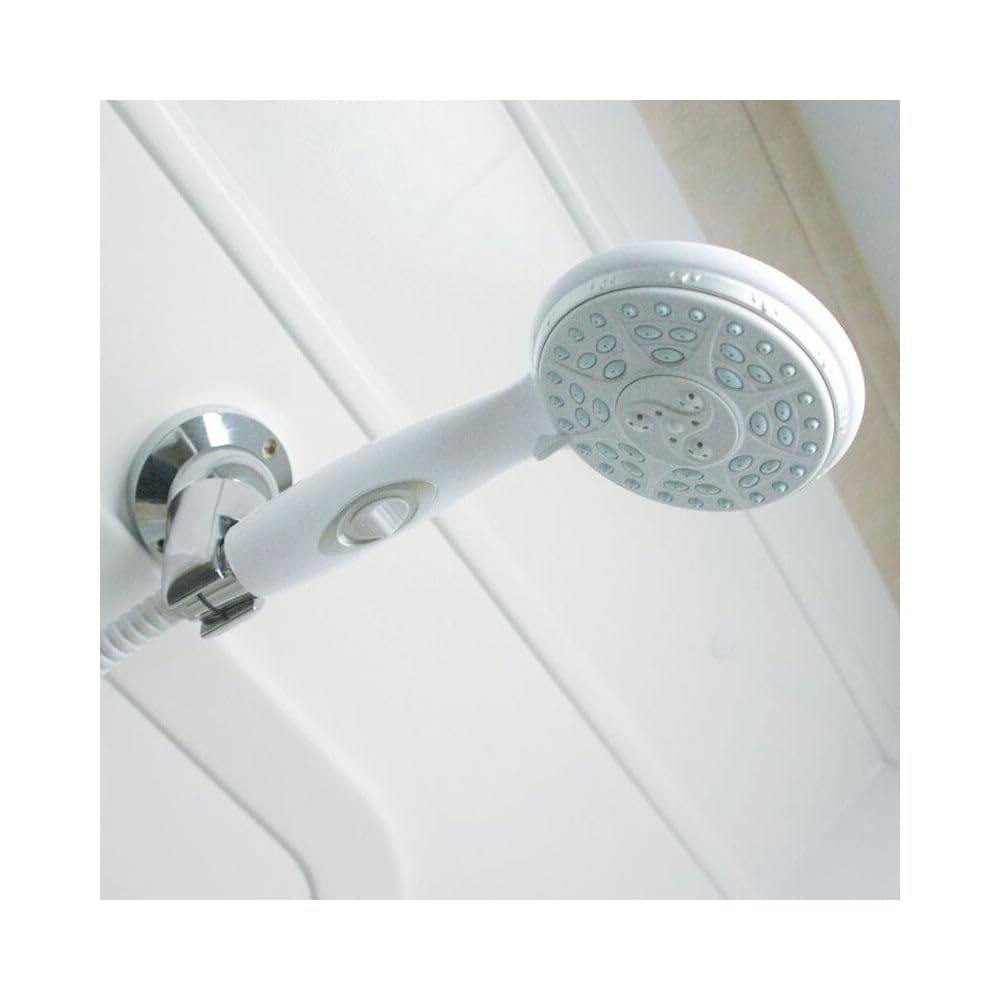 Camco shower head mounted on wall with hardware showing space-saving installation