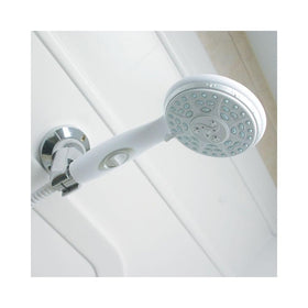 Camco shower head mounted on wall with hardware showing space-saving installation