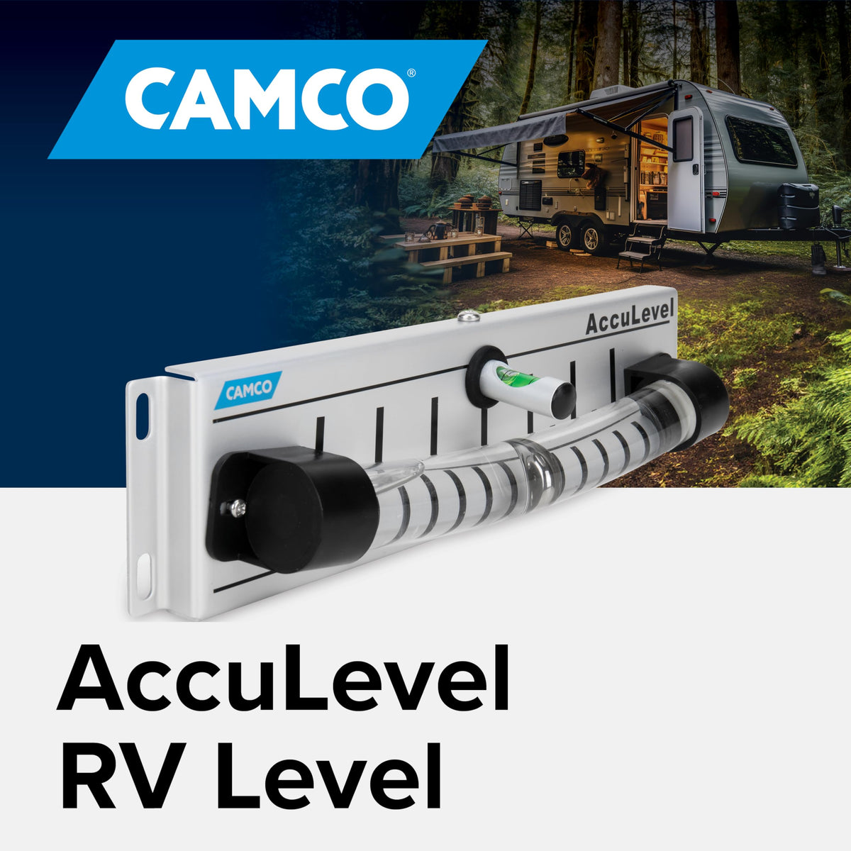 Camco side ball indicator close-up displaying clear lateral leveling