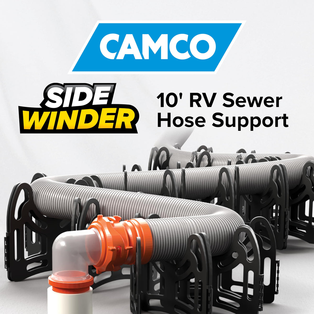 Camco Sidewinder close-up of deep cradle holding hose open for reliable flow