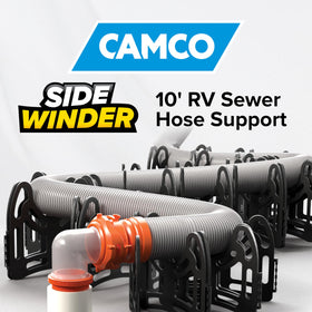 Camco Sidewinder close-up of deep cradle holding hose open for reliable flow