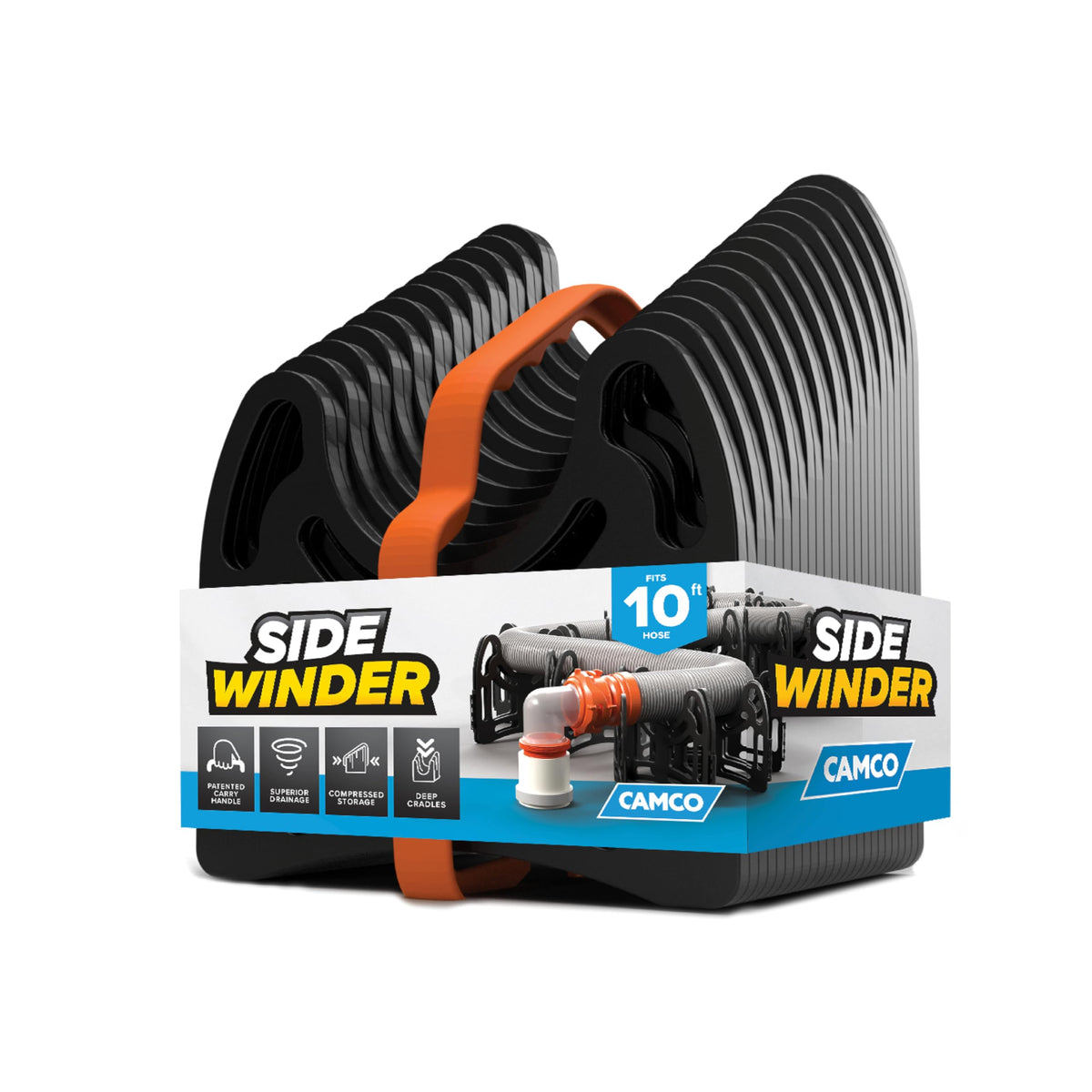 Camco Sidewinder front view showing full 10-foot support and stable cradles for steady drainage