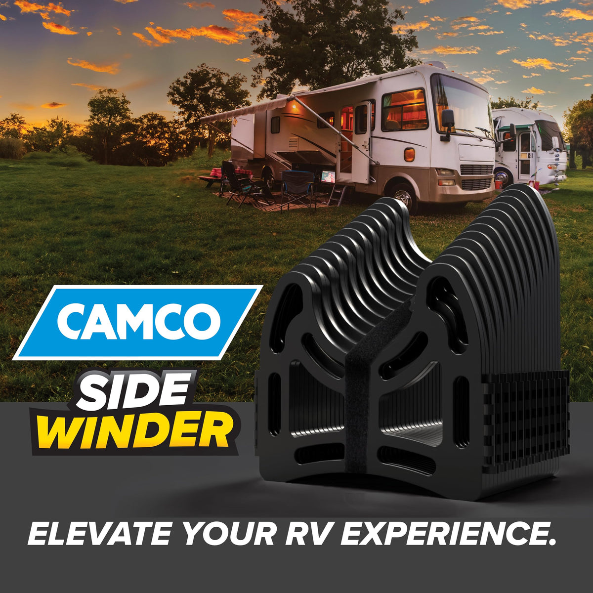 Camco Sidewinder in use at an RV dump station improving hose handling and safety