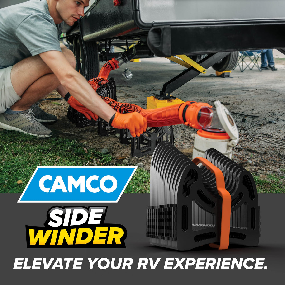 Camco Sidewinder next to a shoe for scale showing compact length and practical size