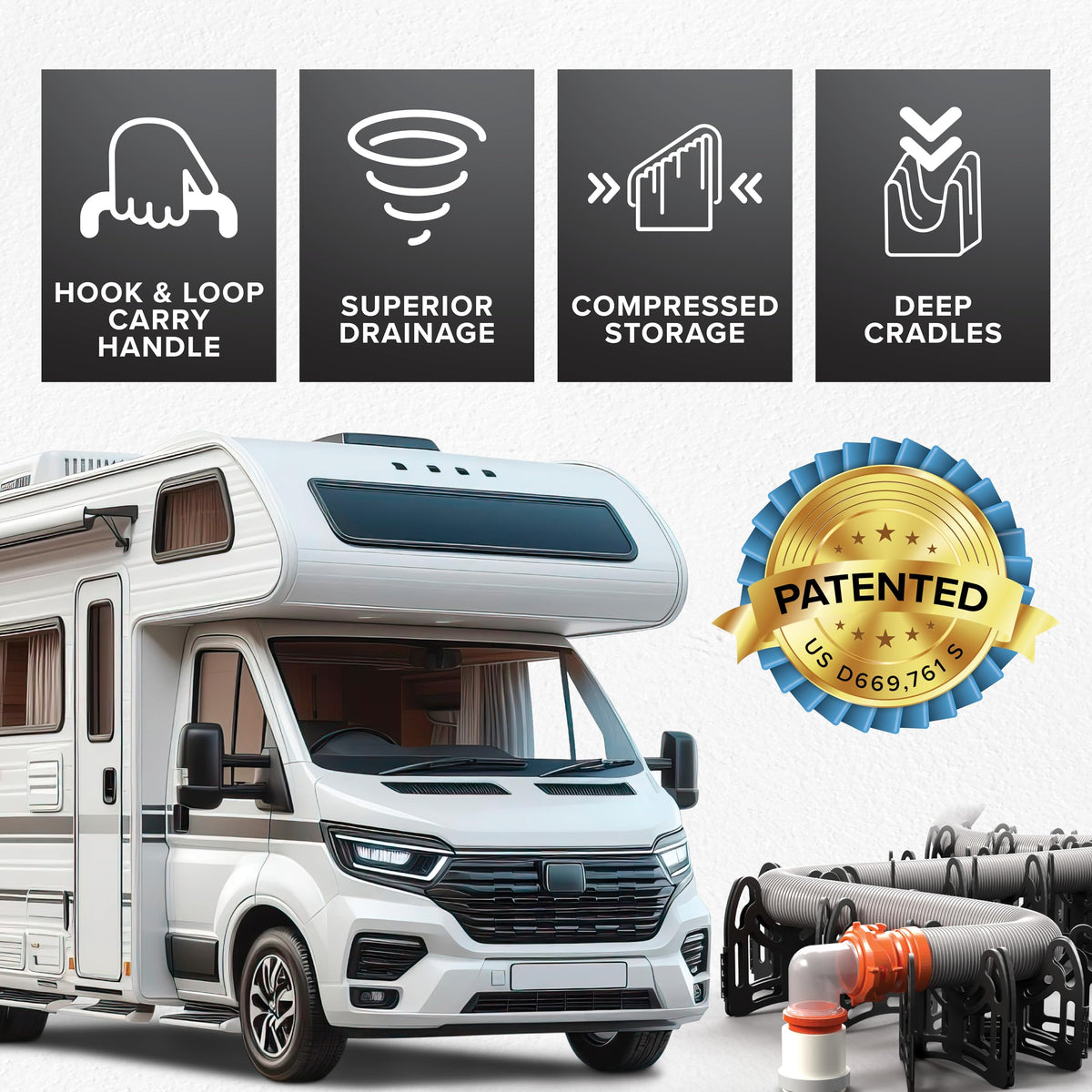 Camco Sidewinder beside standard RV hose illustrating scale for correct fit