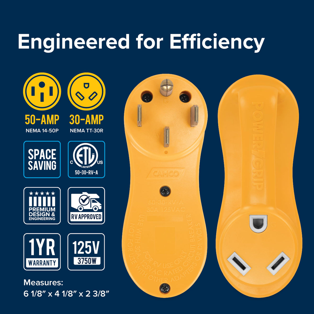Camco adapter beside ruler showing compact size for convenient storage