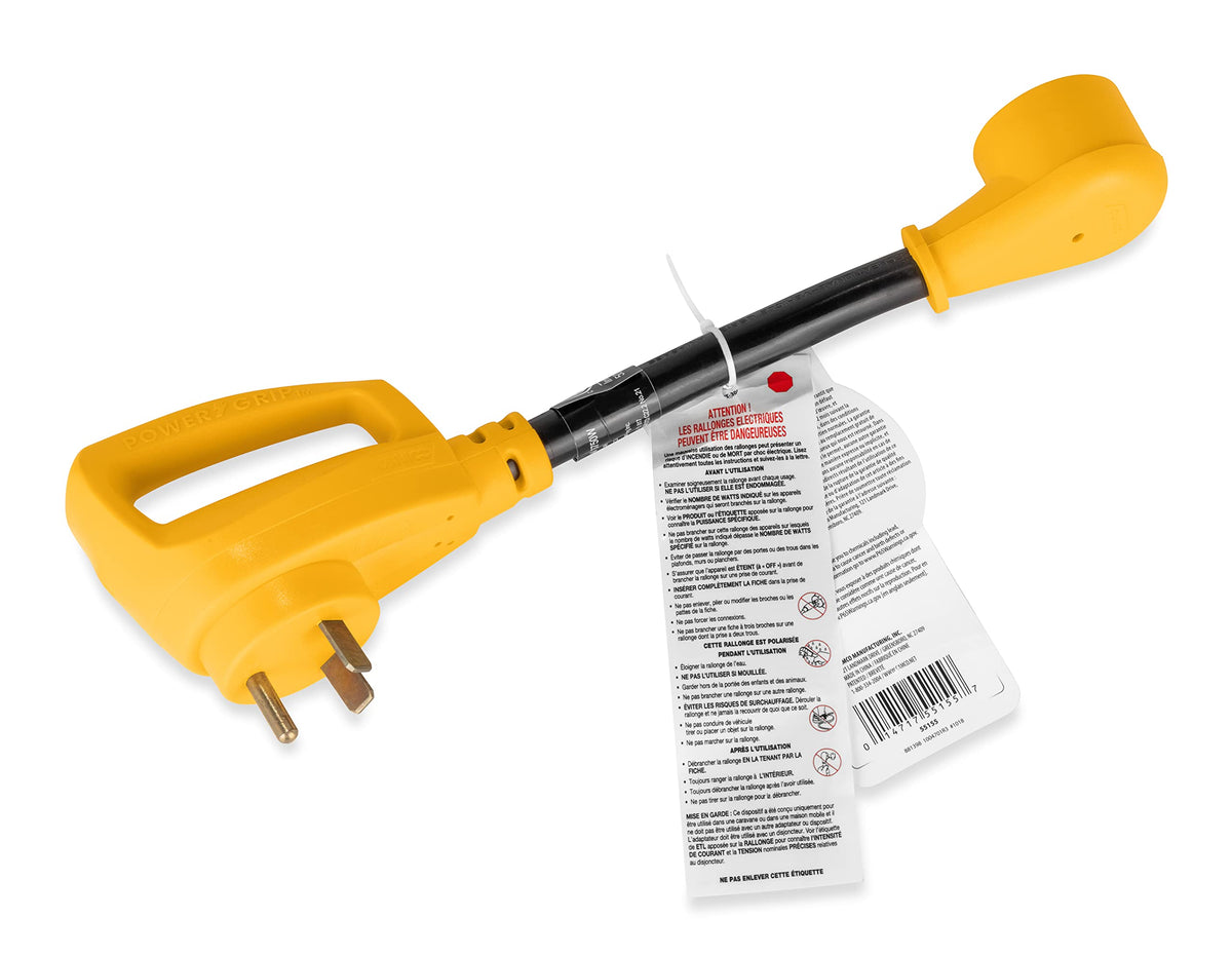 Camco adapter beside a ruler showing compact 12-inch length for tidy storage
