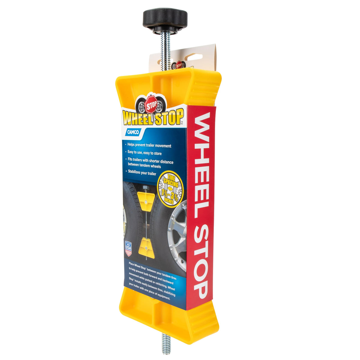 Camco wheel stop front view showing compact design and secure hold