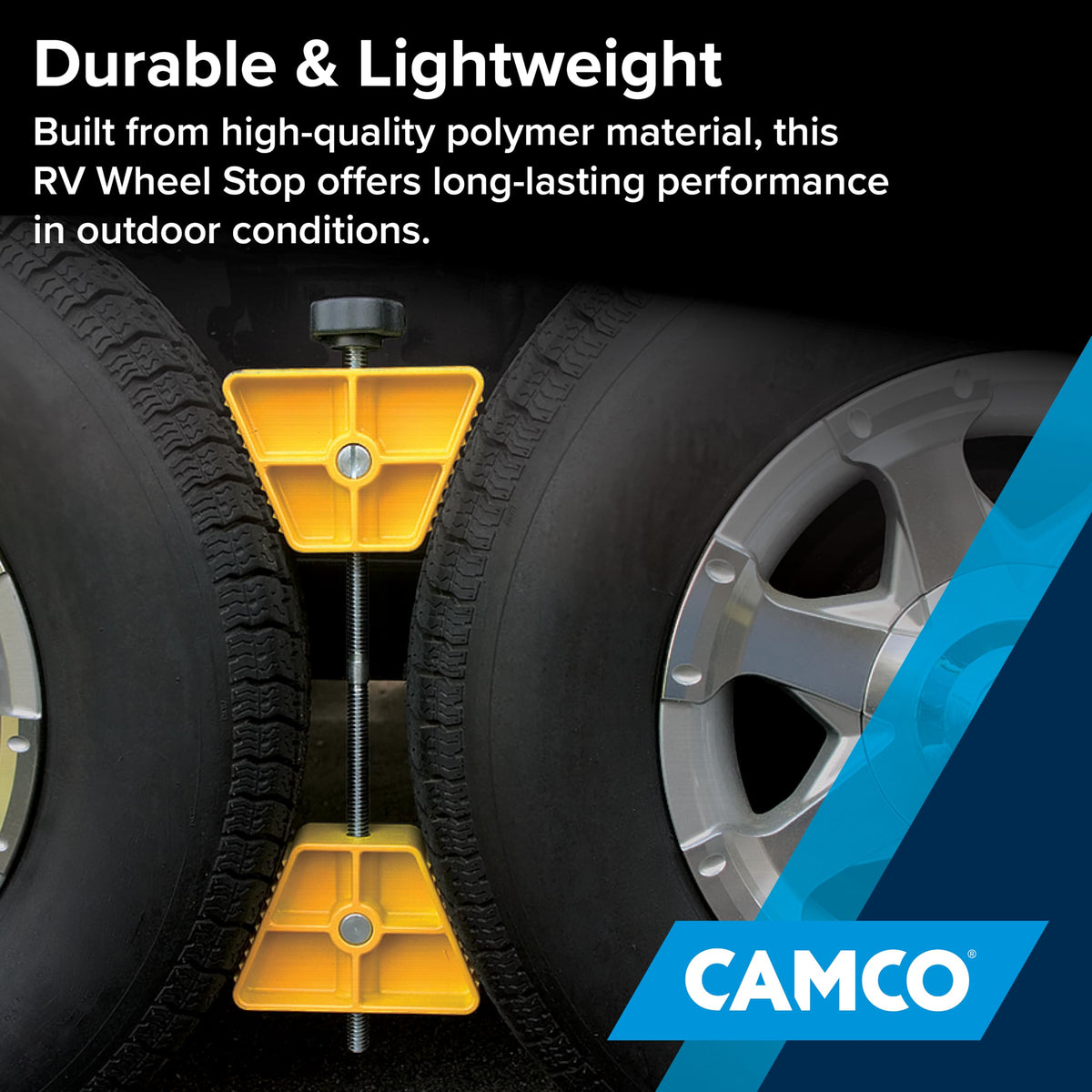 Camco wheel stop in campsite scene enhancing trailer stability