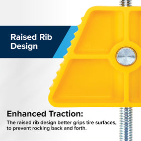 Camco wheel stop beside a ruler demonstrating compact dimensions