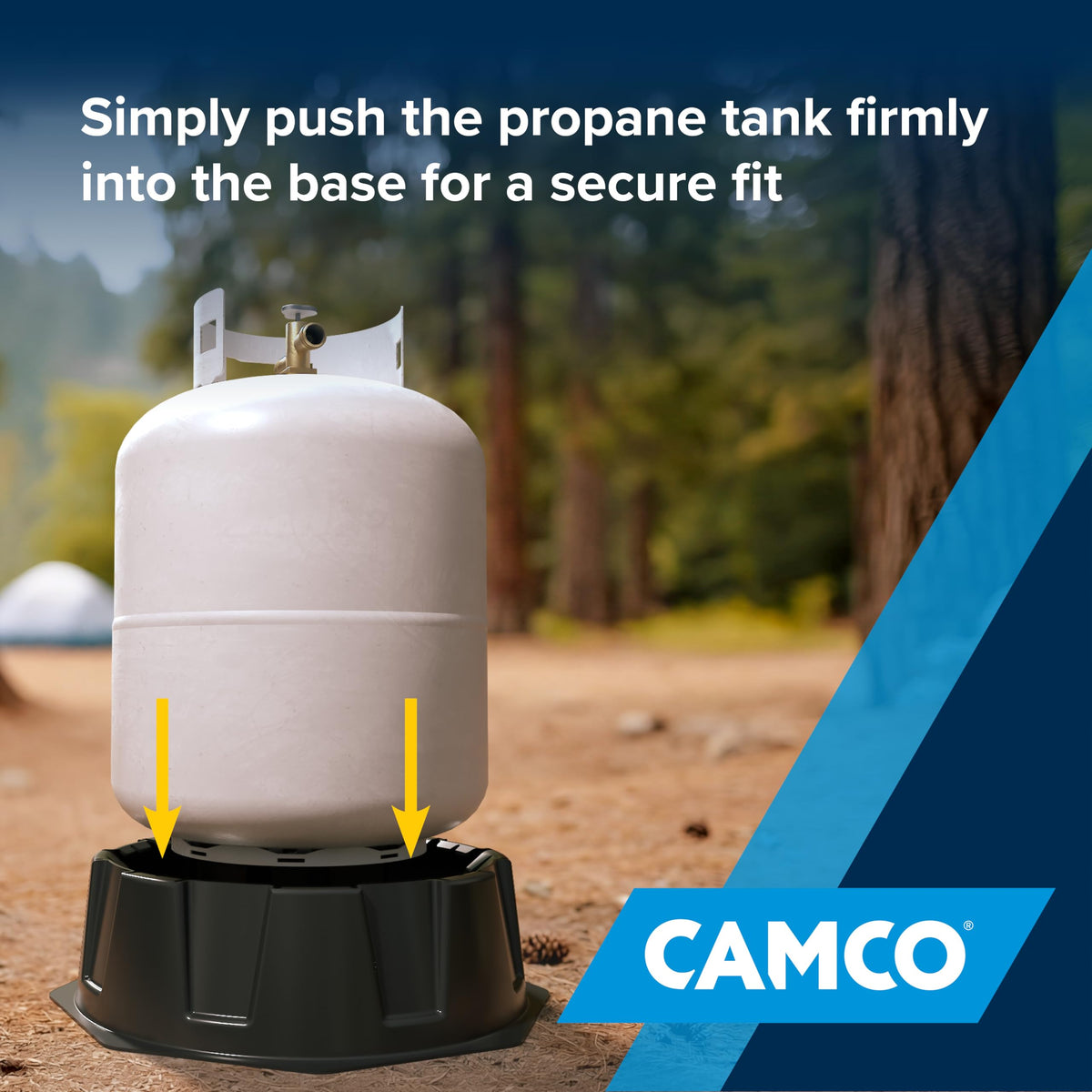 Camco stabilizer holding propane tank in RV storage for safer travel