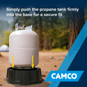 Camco stabilizer holding propane tank in RV storage for safer travel