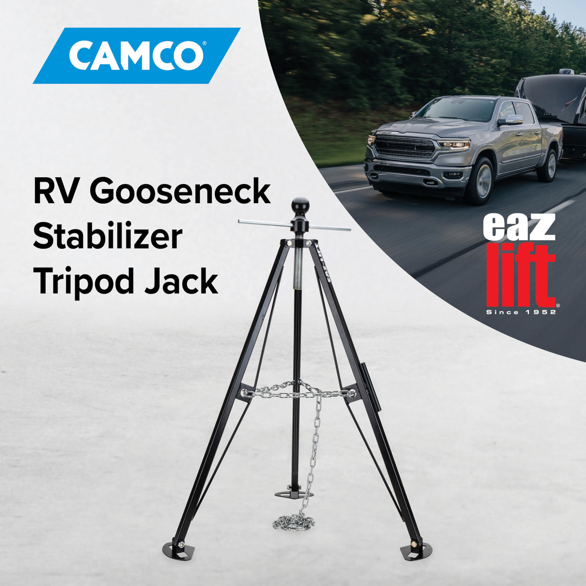 Camco stabilizer installed under gooseneck trailer reducing movement for safer loading