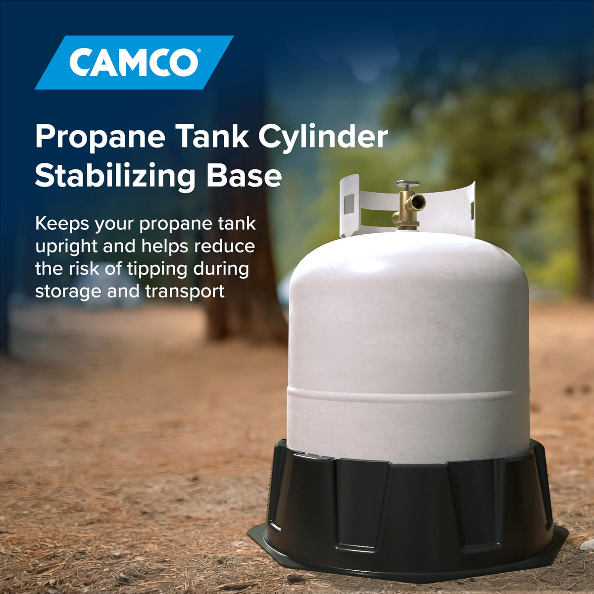 Camco base beside 20 lb tank showing scale and improved stability