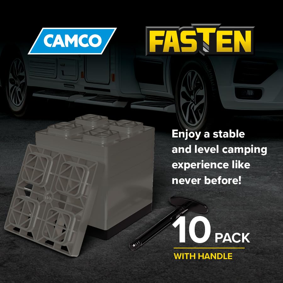 Camco stacked blocks showing height increments and recommended stack limits for safety