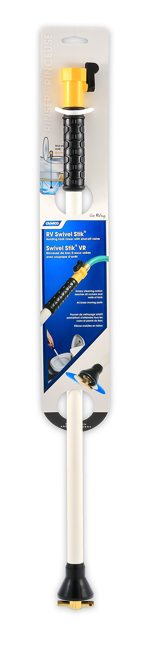 Camco swivel stik in use inside RV holding tank demonstrating effective debris removal
