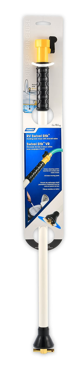 Camco swivel stik in use inside RV holding tank demonstrating effective debris removal