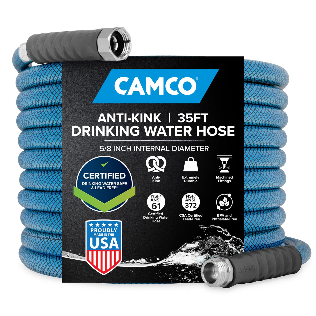 Camco front packaging showing hose and certification badges for safe water