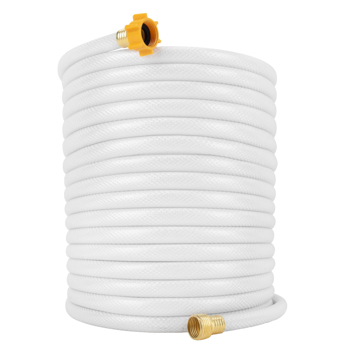 Camco TastePURE front view showing full 75-foot hose and white finish for clean supply