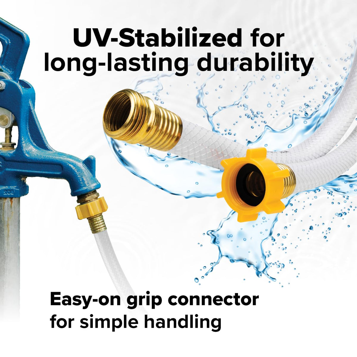Camco hose connected to RV spigot delivering clean drinking water