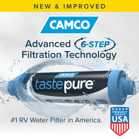Camco TastePURE inline connection detail demonstrating hand-tight hose attachment and secure seal