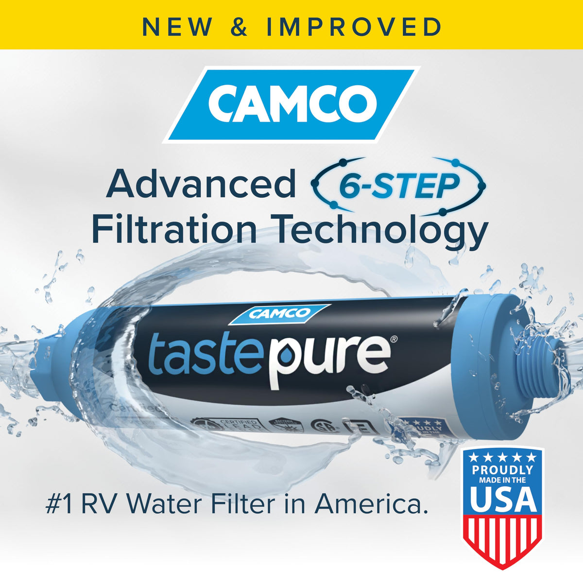 Camco Tastepure internal media close-up showing GAC and KDF layers improving taste