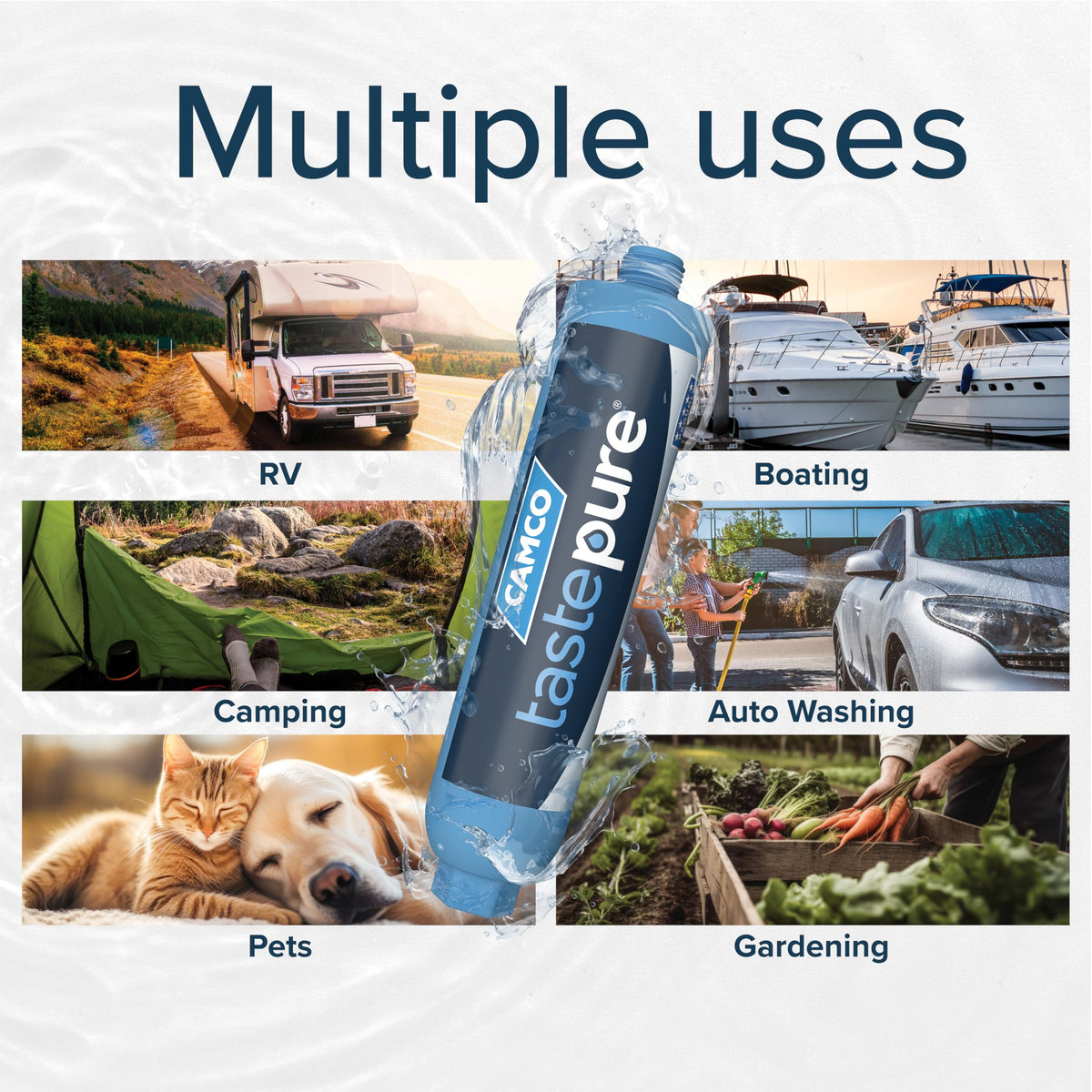 Camco TastePURE in campground setting illustrating portable filtration for travelers