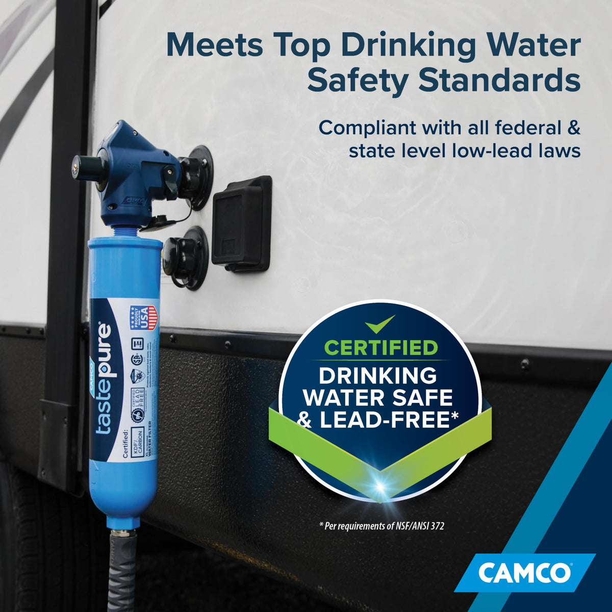 Camco Tastepure mounted on RV fill demonstrating secure connection and safer plumbing