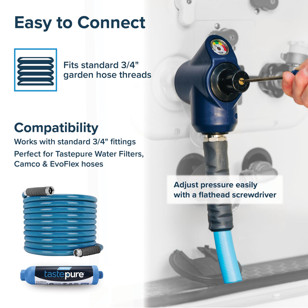 Camco Tastepure shut-off valve detail showing ergonomic control for instant flow stop