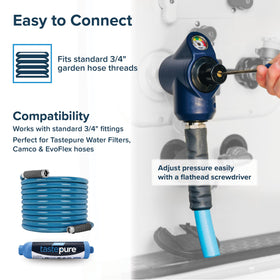 Camco Tastepure shut-off valve detail showing ergonomic control for instant flow stop