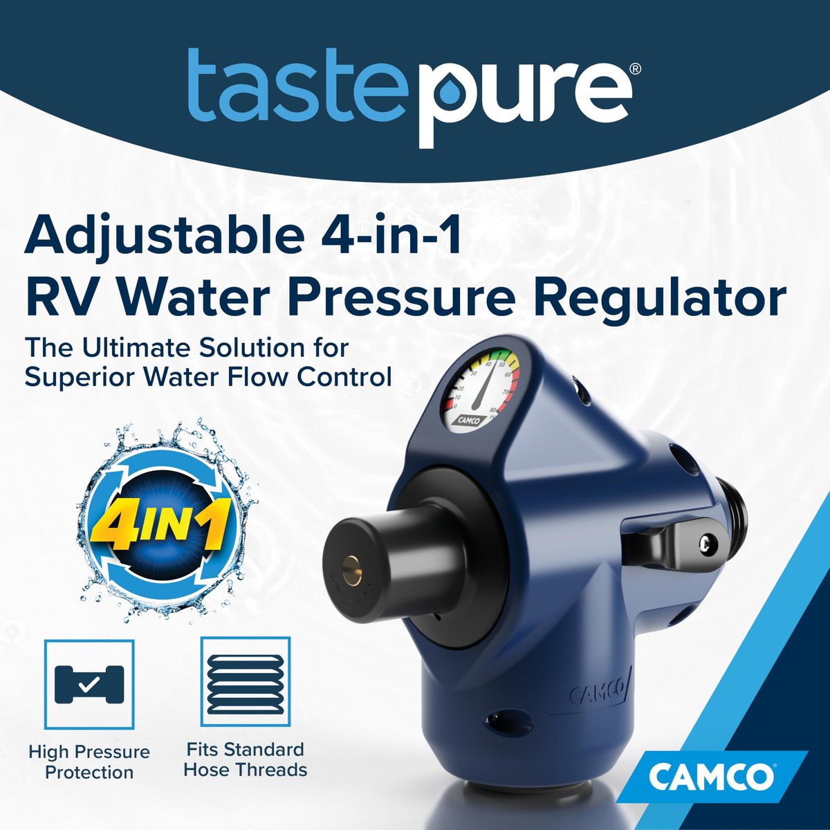 Camco Tastepure beside garden hose for scale, showing compact size and storage benefit
