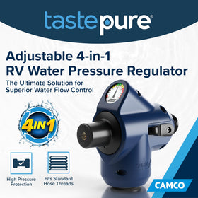 Camco Tastepure beside garden hose for scale, showing compact size and storage benefit